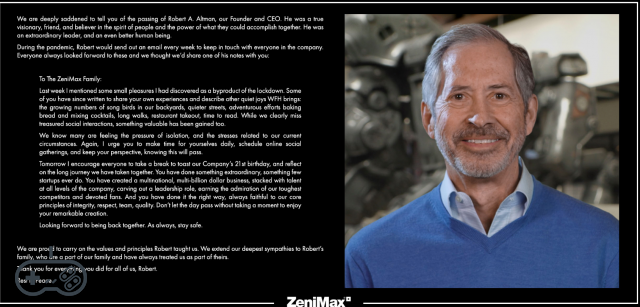 ZeniMax: CEO and co-founder Robert Altman passed away